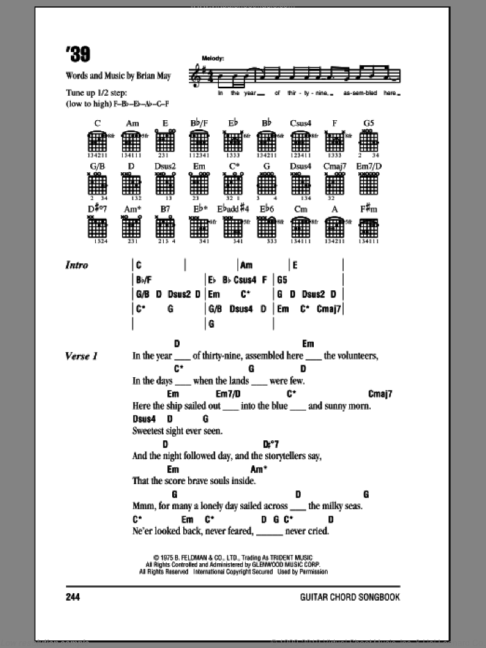 '39 sheet music for guitar (chords) by Queen and Brian May, intermediate skill level