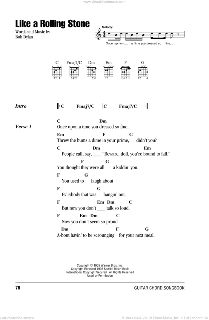 Like A Rolling Stone sheet music for guitar (chords) by Bob Dylan, intermediate skill level