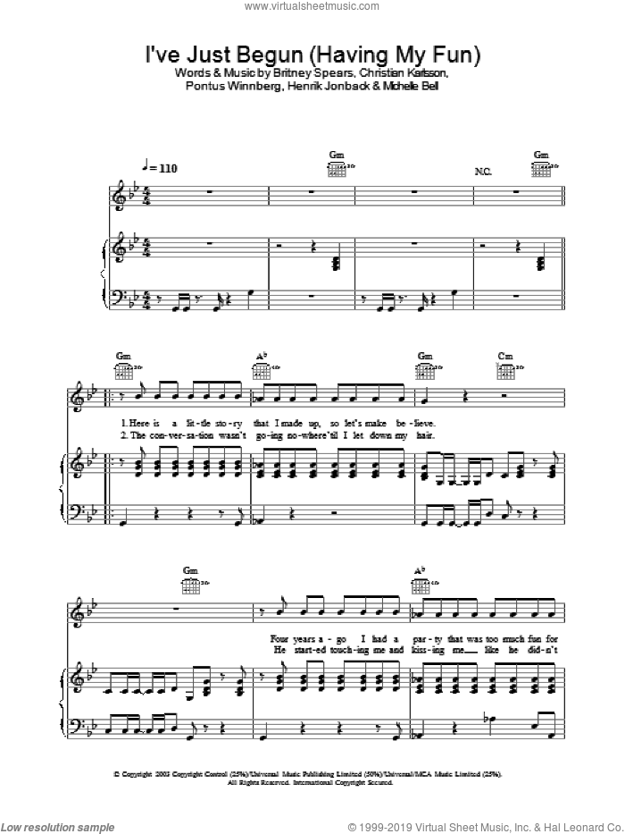 I've Just Begun (Having My Fun) sheet music for voice, piano or guitar by Britney Spears, Christian Karlsson and Pontus Winnberg, intermediate skill level