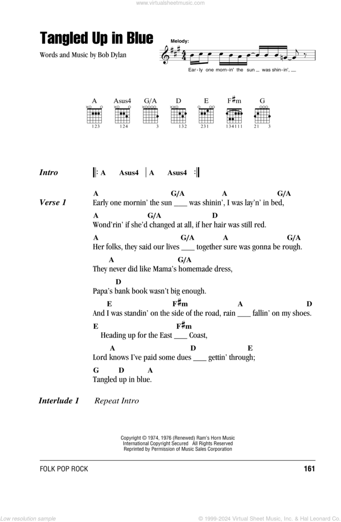 Tangled Up In Blue sheet music for guitar (chords) by Bob Dylan, intermediate skill level