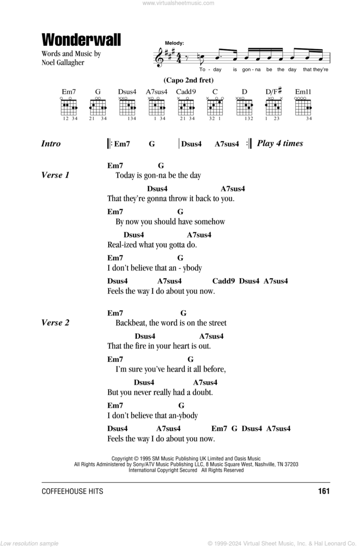 Wonderwall sheet music for guitar (chords) by Oasis and Noel Gallagher, intermediate skill level