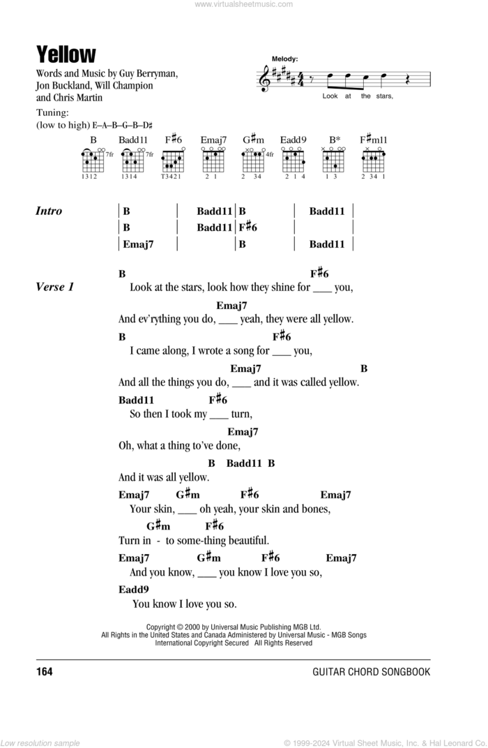 Yellow sheet music for guitar (chords) by Coldplay, Chris Martin, Guy Berryman, Jon Buckland and Will Champion, intermediate skill level