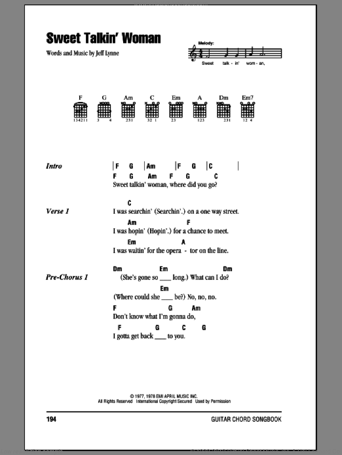 Sweet Talkin' Woman sheet music for guitar (chords) by Electric Light Orchestra and Jeff Lynne, intermediate skill level