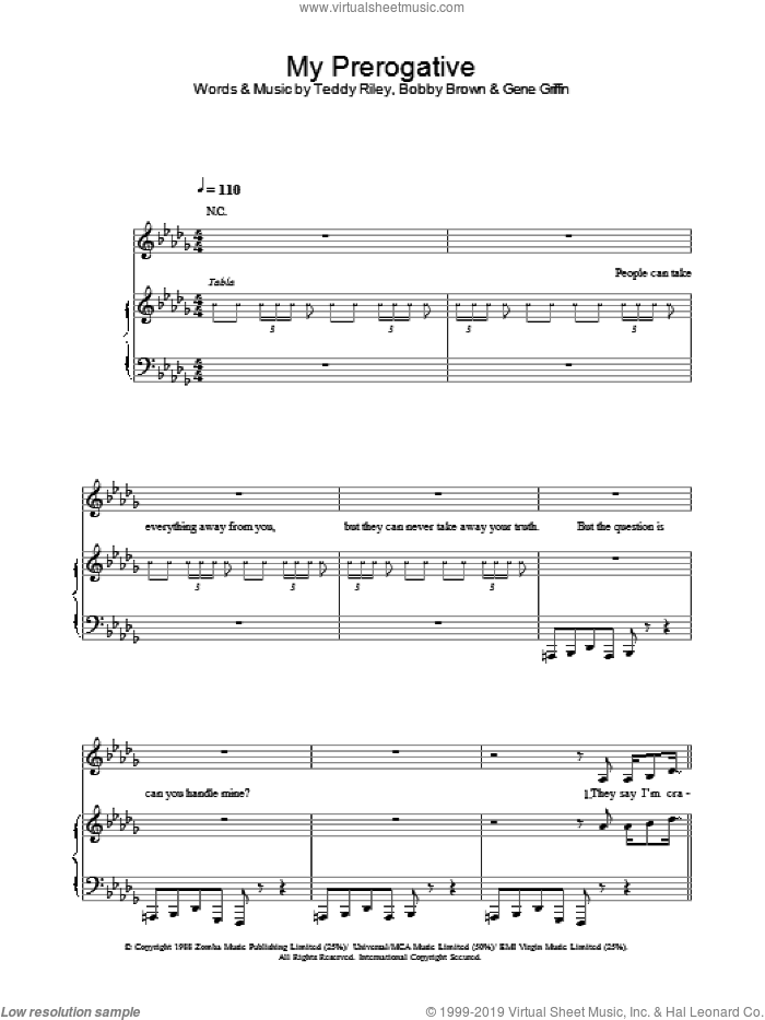 My Prerogative sheet music for voice, piano or guitar by Britney Spears, Bobby Brown, Gene Griffin and Teddy Riley, intermediate skill level