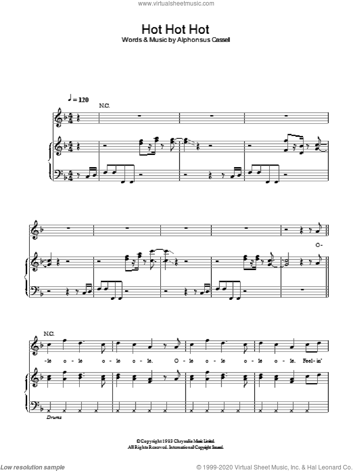 Hot Hot Hot sheet music for voice, piano or guitar by Buster Poindexter, Arrow and Alphonsus Cassell, intermediate skill level
