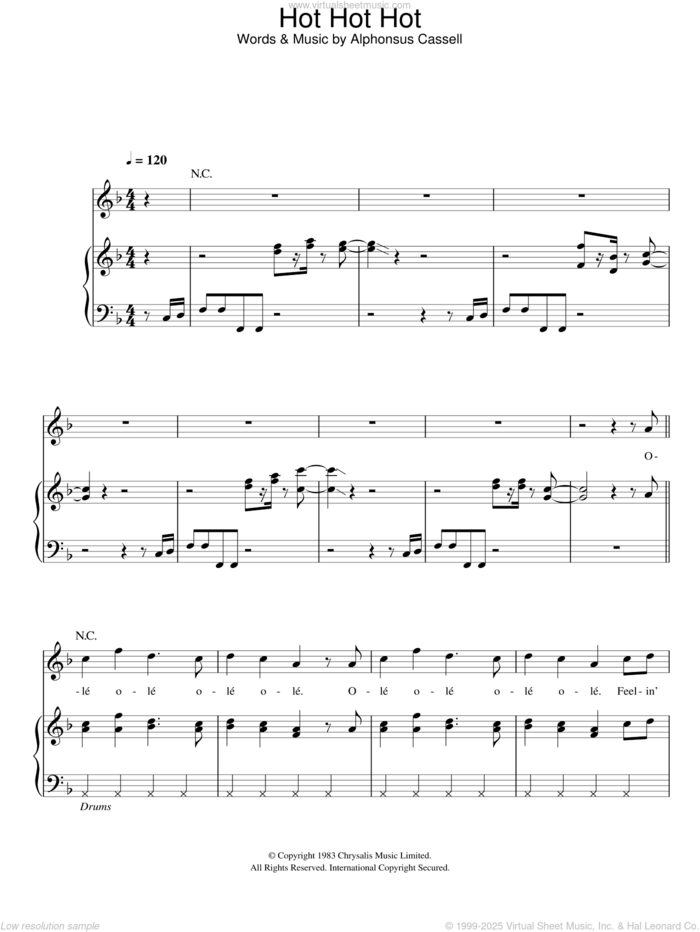 Hot Hot Hot sheet music for voice, piano or guitar by Buster Poindexter, Arrow and Alphonsus Cassell, intermediate skill level