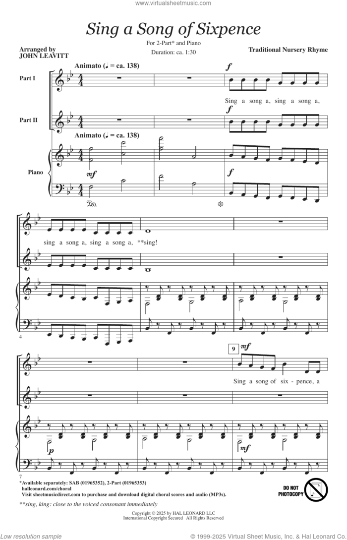 Sing A Song Of Sixpence (arr. John Leavitt) sheet music for choir (2-Part) by English nursery rhyme and John Leavitt, intermediate duet