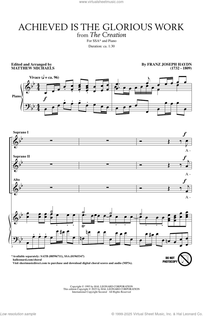 Achieved Is The Glorious Work (arr. Matthew Michaels) sheet music for choir (SSA: soprano, alto) by Franz Joseph Haydn and Matthew Michaels, intermediate skill level