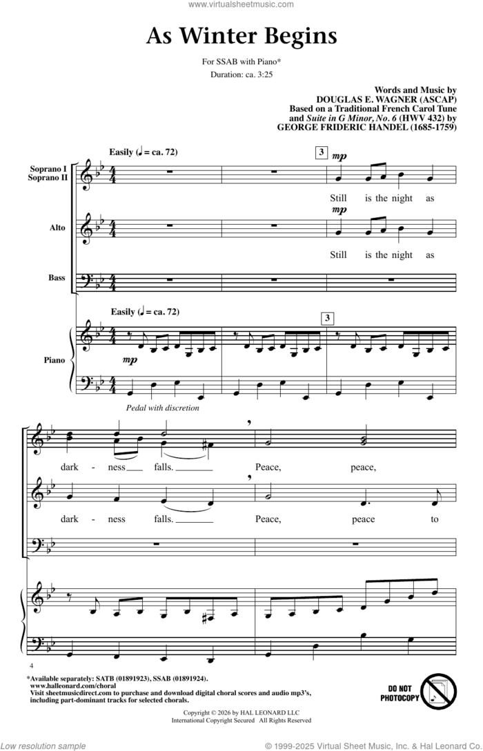As Winter Begins sheet music for choir (SSAB) by Douglas E. Wagner, George Frideric Handel and Miscellaneous, intermediate skill level