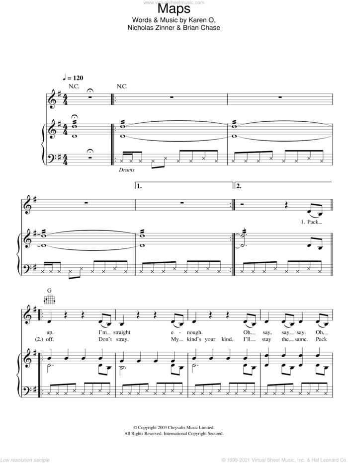 Maps sheet music for voice, piano or guitar by Yeah Yeah Yeahs, Brian Chase, Karen O and Nick Zinner, intermediate skill level