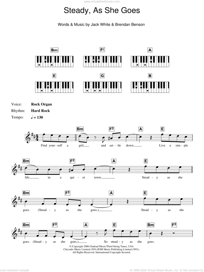 Steady, As She Goes sheet music for piano solo (chords, lyrics, melody) by The Raconteurs, Brendan Benson and Jack White, intermediate piano (chords, lyrics, melody)