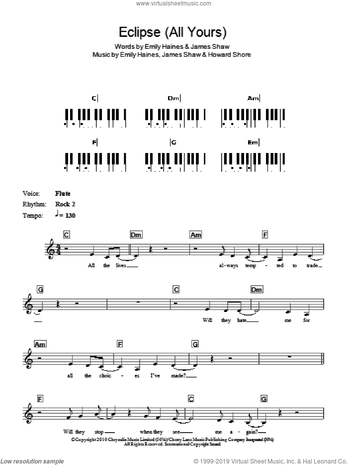 Eclipse (All Yours) sheet music for piano solo (chords, lyrics, melody) by Metric, Emily Haines, Howard Shore and James Shaw, intermediate piano (chords, lyrics, melody)
