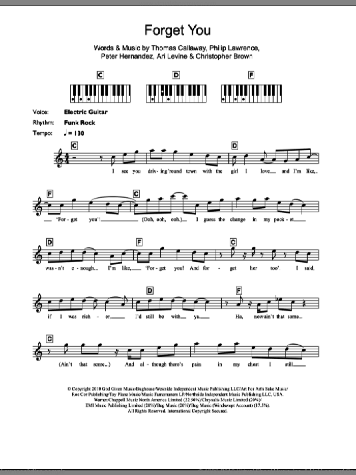 F**k You (Forget You) sheet music for piano solo (chords, lyrics, melody) by Cee Lo Green, Ari Levine, Chris Brown, Peter Hernandez, Philip Lawrence and Thomas Callaway, intermediate piano (chords, lyrics, melody)