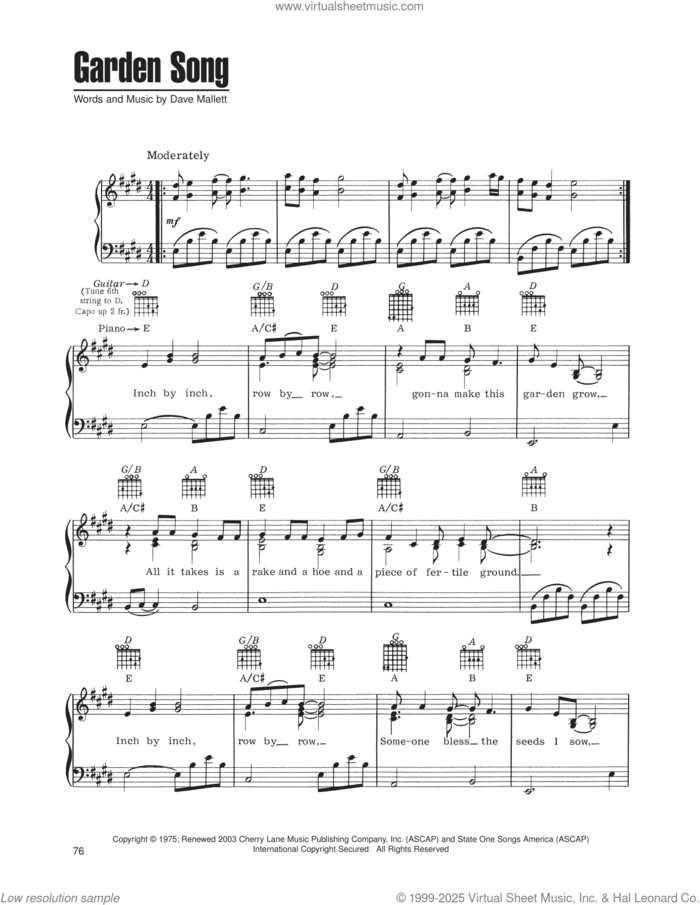 Garden Song sheet music for voice, piano or guitar by Peter, Paul & Mary, John Denver and Dave Mallett, intermediate skill level