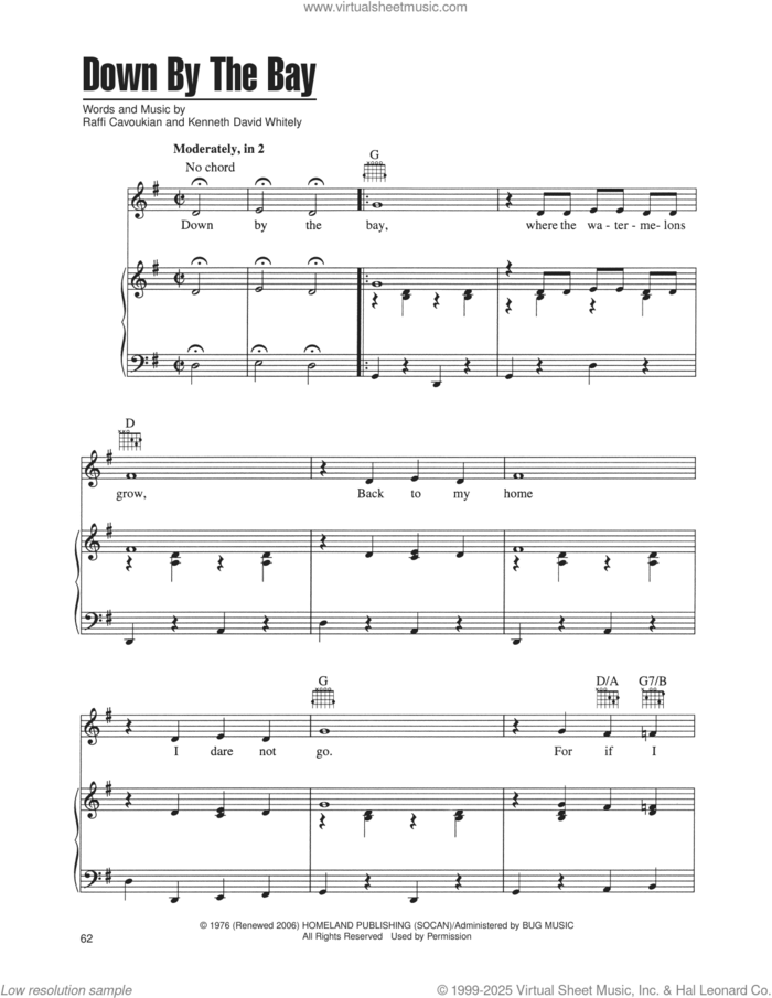 Down By The Bay sheet music for voice, piano or guitar by Raffi Cavoukian, intermediate skill level
