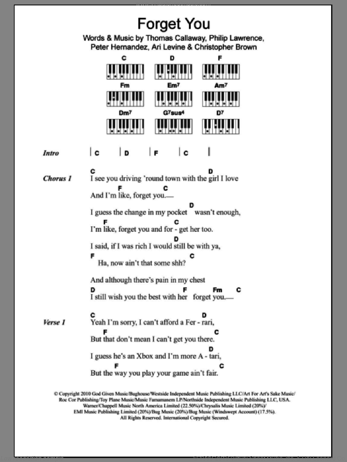 F*** You (Forget You) sheet music for piano solo (chords, lyrics, melody) by Cee Lo Green, Ari Levine, Chris Brown, Peter Hernandez, Philip Lawrence and Thomas Callaway, intermediate piano (chords, lyrics, melody)