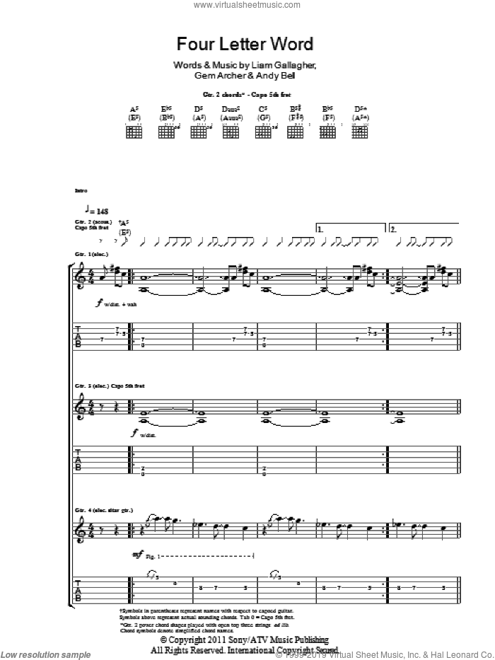 Four Letter Word sheet music for guitar (tablature) by Beady Eye, Andy Bell, Gem Archer and Liam Gallagher, intermediate skill level