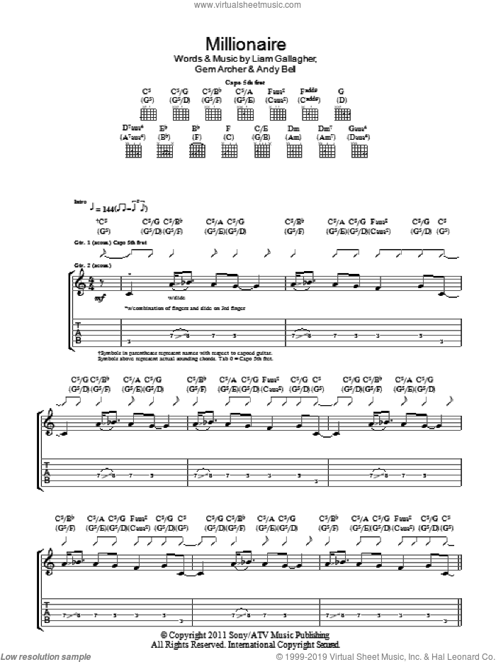 Millionaire sheet music for guitar (tablature) by Beady Eye, Andy Bell, Gem Archer and Liam Gallagher, intermediate skill level