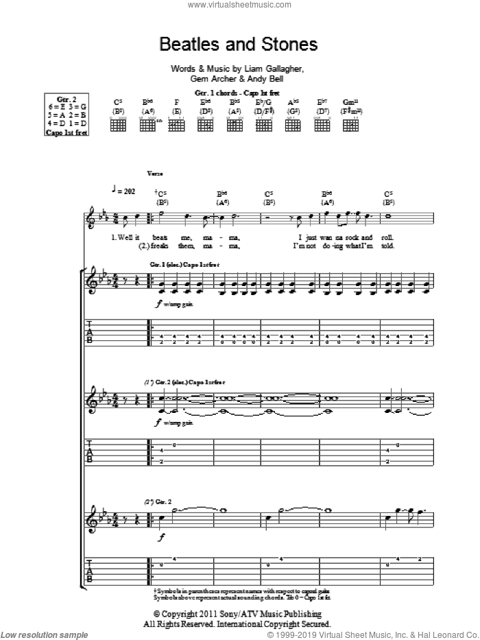 Beatles And Stones sheet music for guitar (tablature) by Beady Eye, Andy Bell, Gem Archer and Liam Gallagher, intermediate skill level