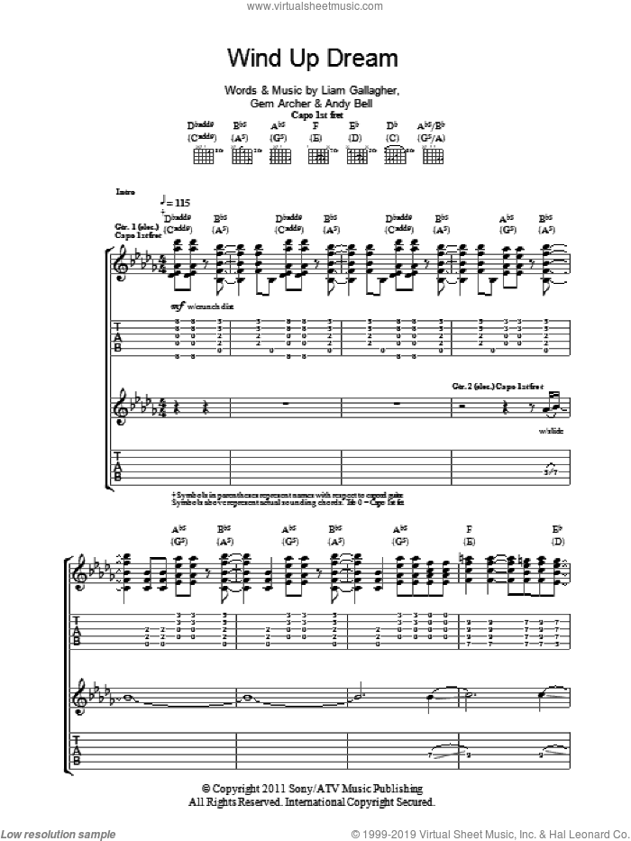 Wind Up Dream sheet music for guitar (tablature) by Beady Eye, Andy Bell, Gem Archer and Liam Gallagher, intermediate skill level