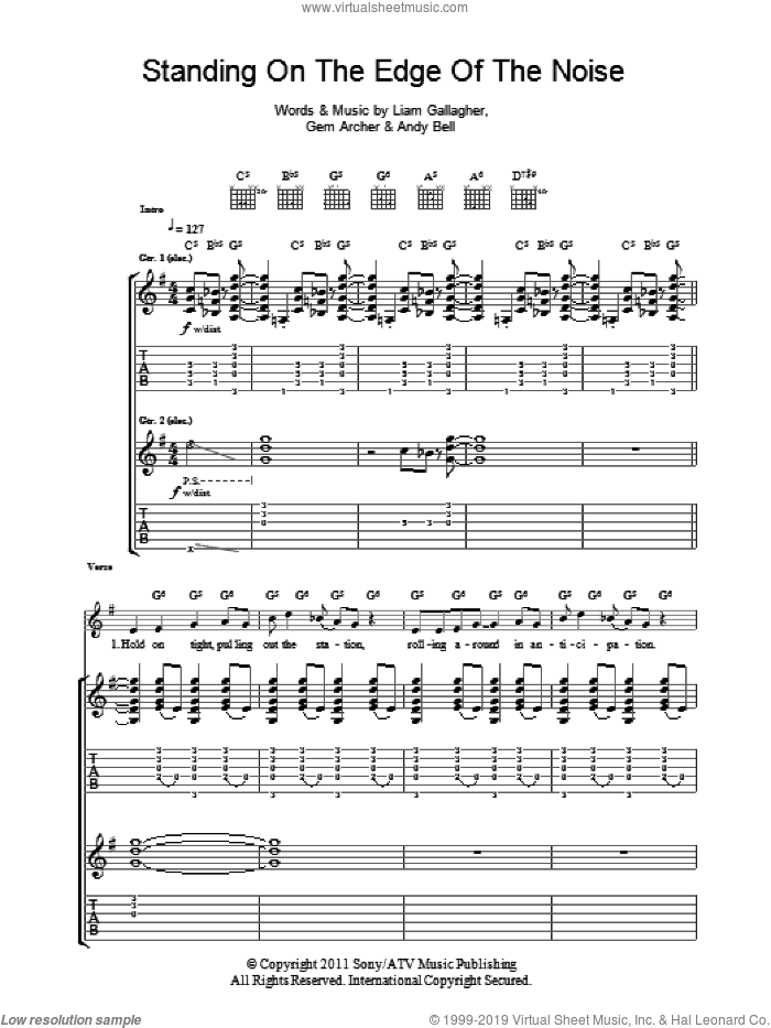 Standing On The Edge Of The Noise sheet music for guitar (tablature) by Beady Eye, Andy Bell, Gem Archer and Liam Gallagher, intermediate skill level