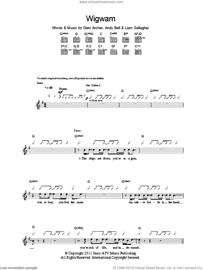 Wigwam sheet music for guitar (tablature) by Beady Eye, Andy Bell, Gem Archer and Liam Gallagher, intermediate skill level