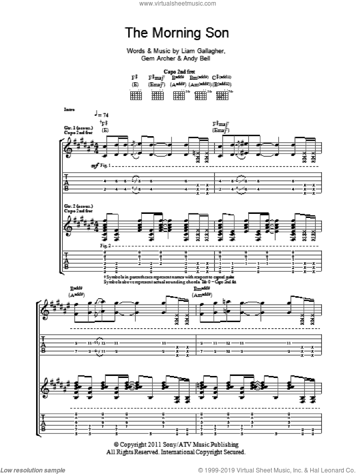 The Morning Son sheet music for guitar (tablature) by Beady Eye, Andy Bell, Gem Archer and Liam Gallagher, intermediate skill level
