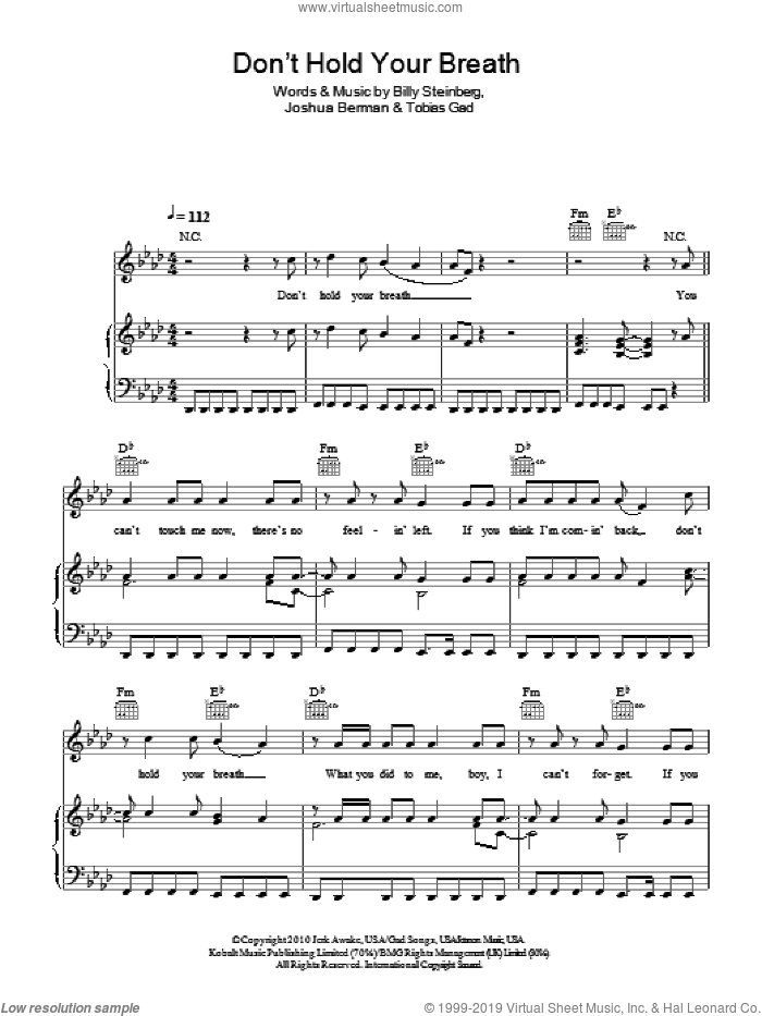 Don't Hold Your Breath sheet music for voice, piano or guitar by Nicole Scherzinger, Billy Steinberg, Joshua Berman and Toby Gad, intermediate skill level
