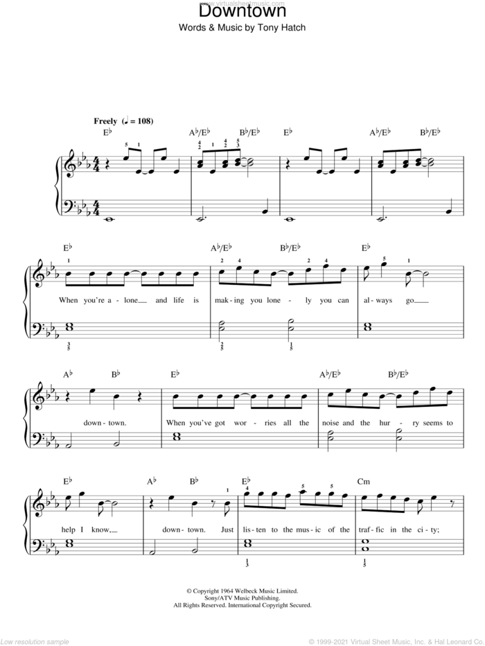Downtown sheet music for piano solo by Petula Clark and Tony Hatch, easy skill level