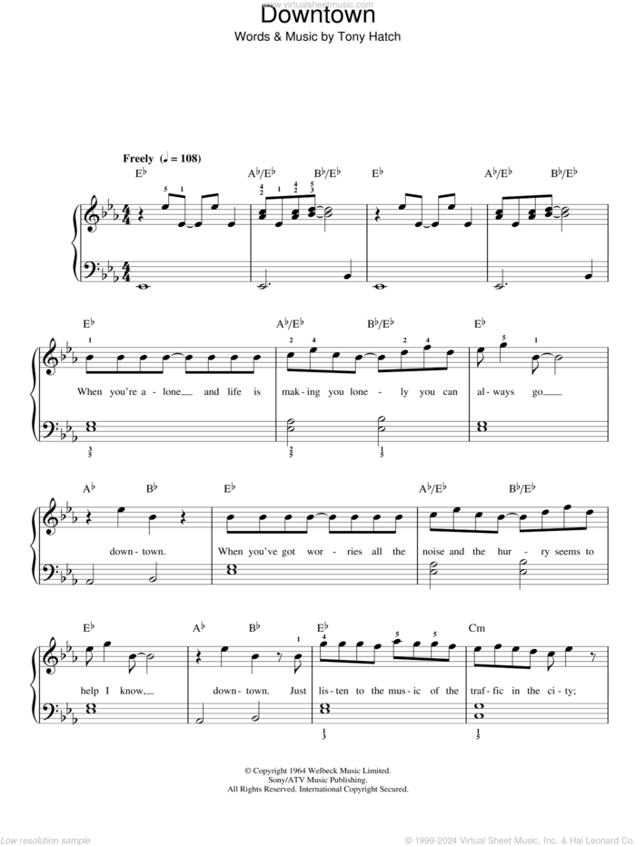 Downtown sheet music for piano solo by Petula Clark and Tony Hatch, easy skill level