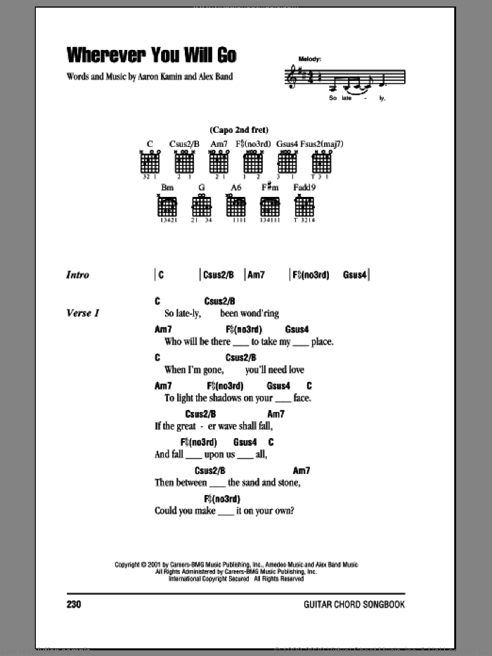 Wherever You Will Go sheet music for guitar (chords) by The Calling, Aaron Kamin and Alex Band, intermediate skill level