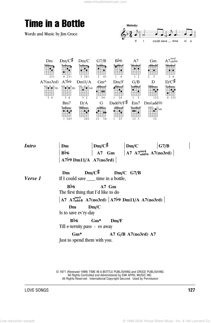 Time In A Bottle sheet music for guitar (chords) by Jim Croce, intermediate skill level