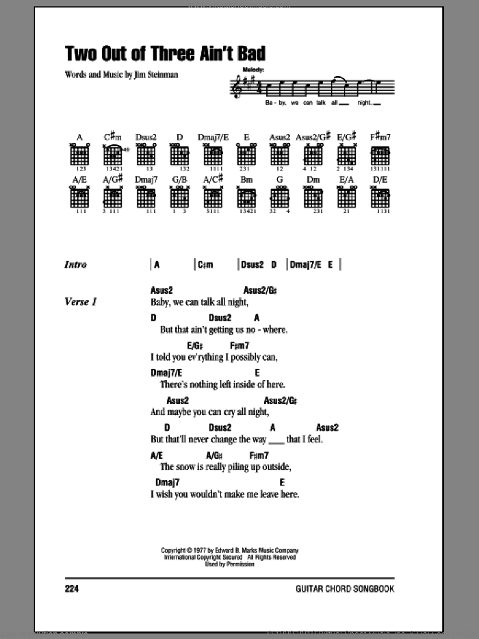 Two Out Of Three Ain't Bad sheet music for guitar (chords) by Meat Loaf and Jim Steinman, intermediate skill level