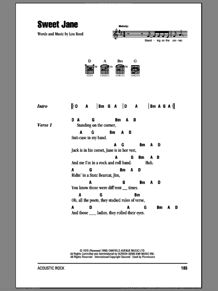 Sweet Jane (Intro) sheet music for guitar (chords) by Lou Reed, intermediate skill level