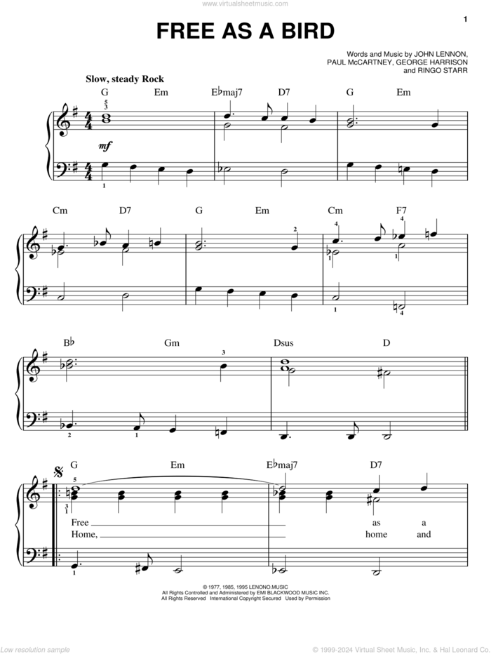 Free As A Bird sheet music for piano solo by The Beatles and John Lennon, easy skill level