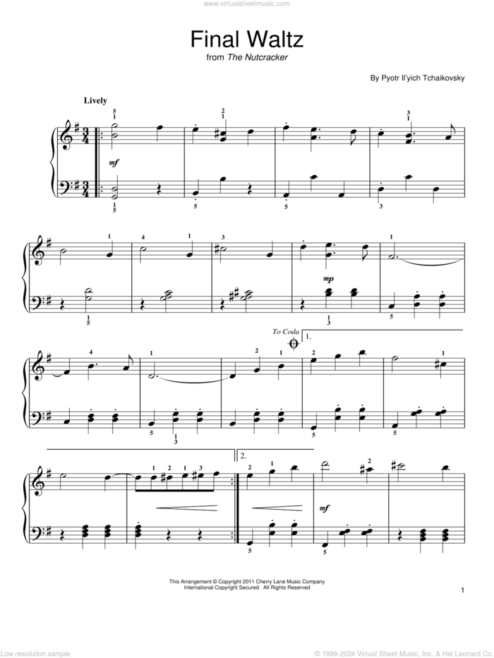 Final Waltz sheet music for piano solo by Pyotr Ilyich Tchaikovsky, classical score, easy skill level