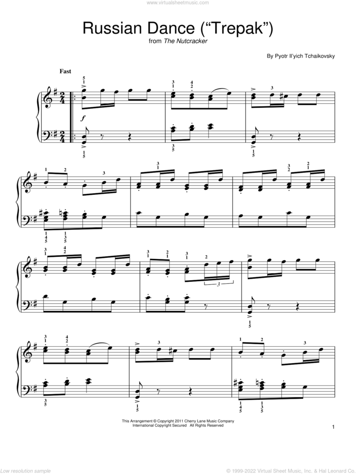 Russian Dance (Trepak) (from The Nutcracker), (easy) sheet music for piano solo by Pyotr Ilyich Tchaikovsky, classical score, easy skill level