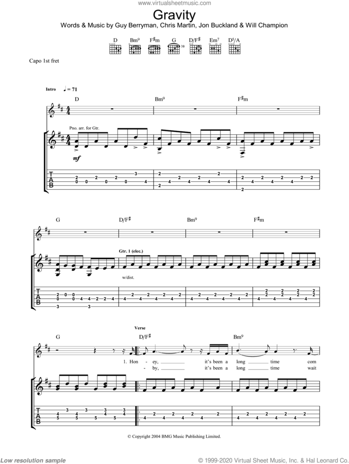 Gravity sheet music for guitar (tablature) by Chris Martin, Embrace, Jon Buckland and Will Champion, intermediate skill level