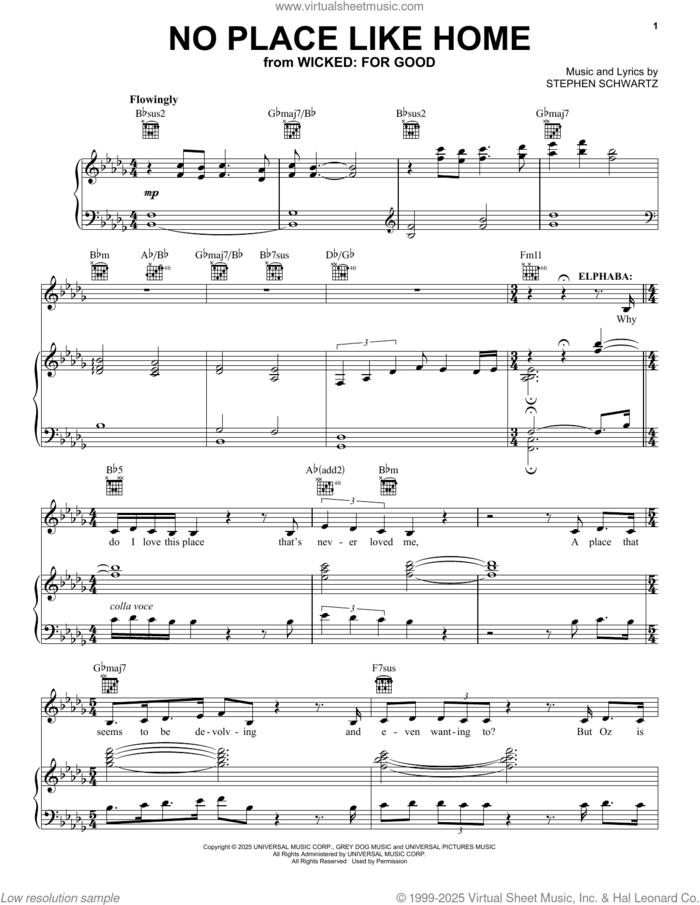 No Place Like Home (from Wicked: For Good) sheet music for voice, piano or guitar by Cynthia Erivo and Stephen Schwartz, intermediate skill level