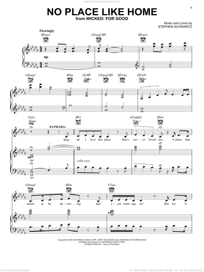 No Place Like Home (from Wicked: For Good) sheet music for voice, piano or guitar by Cynthia Erivo and Stephen Schwartz, intermediate skill level