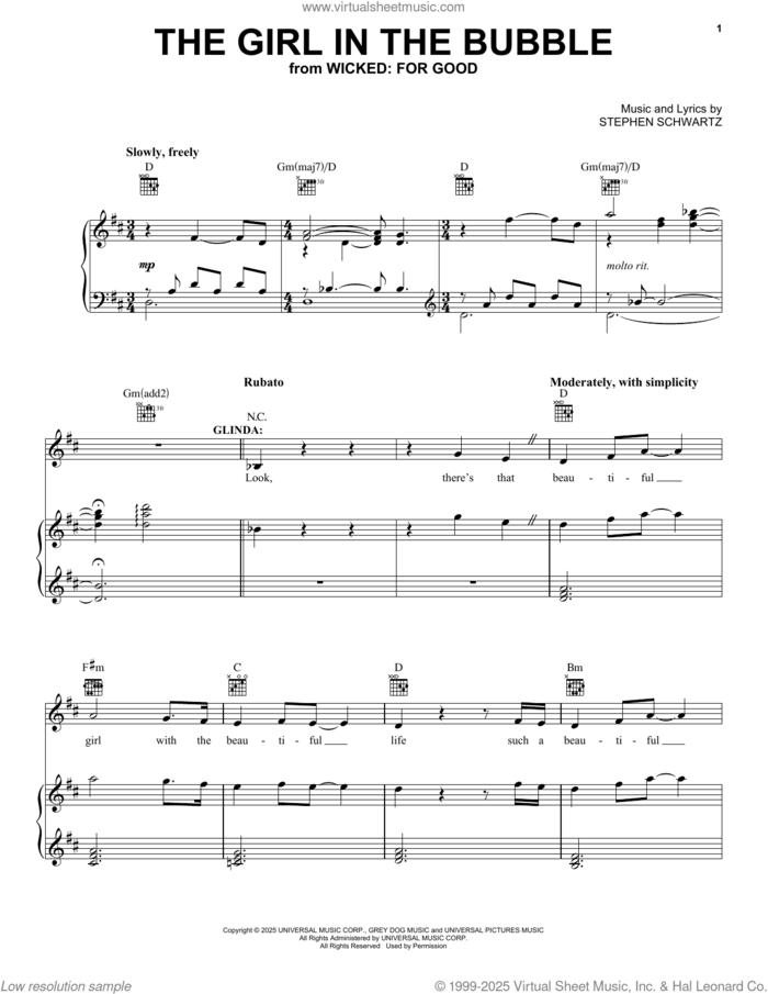The Girl In The Bubble (from Wicked: For Good) sheet music for voice, piano or guitar by Ariana Grande and Stephen Schwartz, intermediate skill level