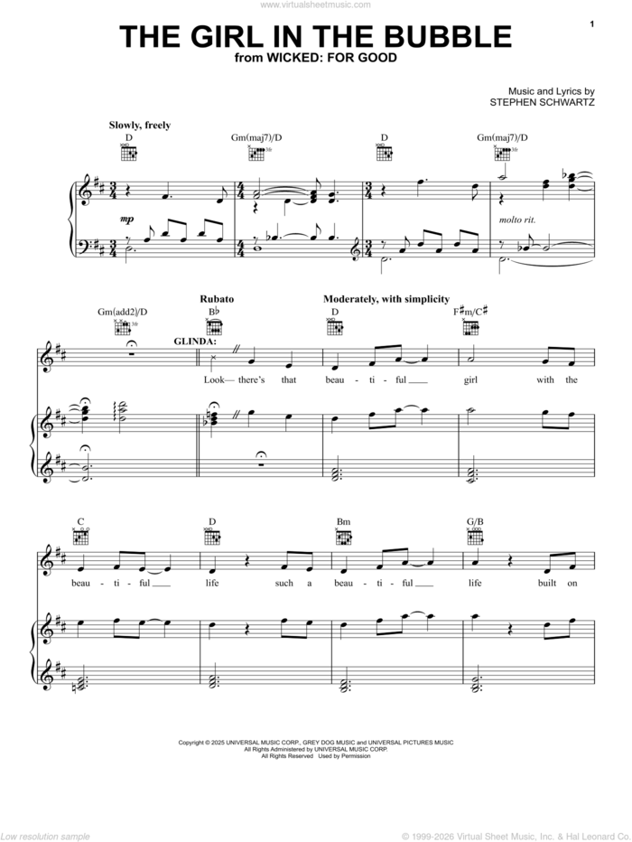 The Girl In The Bubble (from Wicked: For Good) sheet music for voice, piano or guitar by Ariana Grande and Stephen Schwartz, intermediate skill level