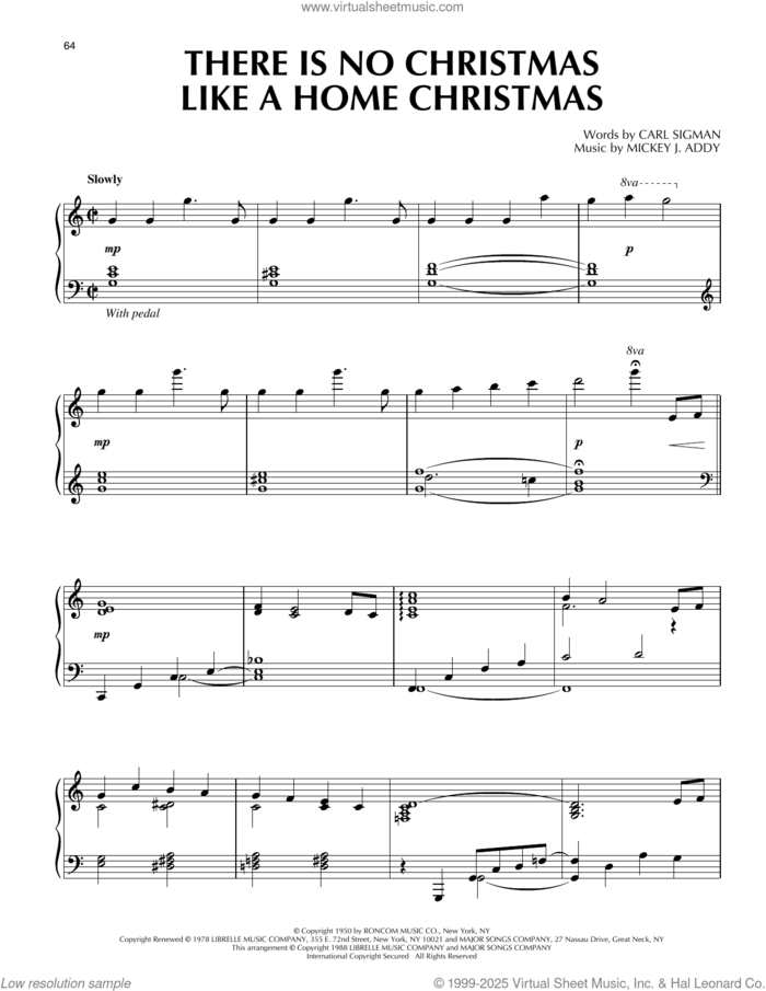 There Is No Christmas Like A Home Christmas sheet music for piano solo by Carl Sigman and Mickey J. Addy, intermediate skill level