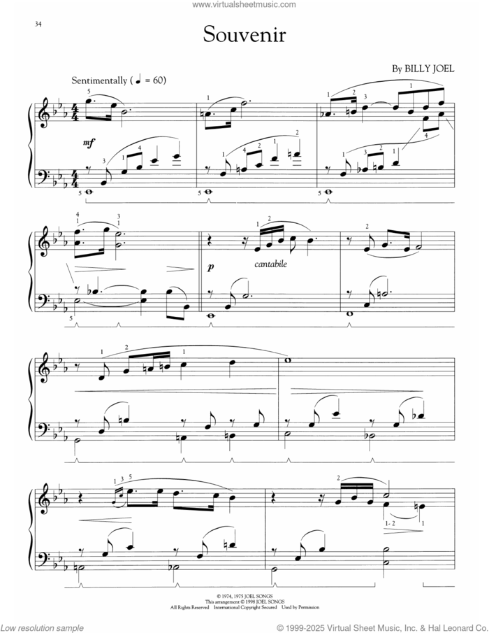 Souvenir (arr. Phillip Keveren) sheet music for voice and other instruments (E-Z Play) by Billy Joel and Phillip Keveren, classical score, easy skill level