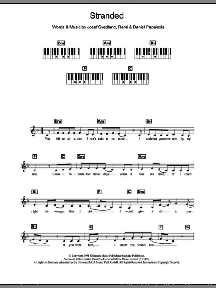 Stranded sheet music for piano solo (chords, lyrics, melody) by Lutricia McNeal, Daniel Papalexis, Josef Svedlund and Rami, intermediate piano (chords, lyrics, melody)