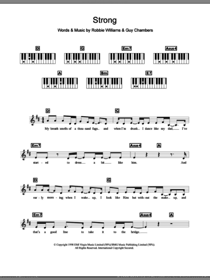 Strong sheet music for piano solo (chords, lyrics, melody) by Robbie Williams and Guy Chambers, intermediate piano (chords, lyrics, melody)