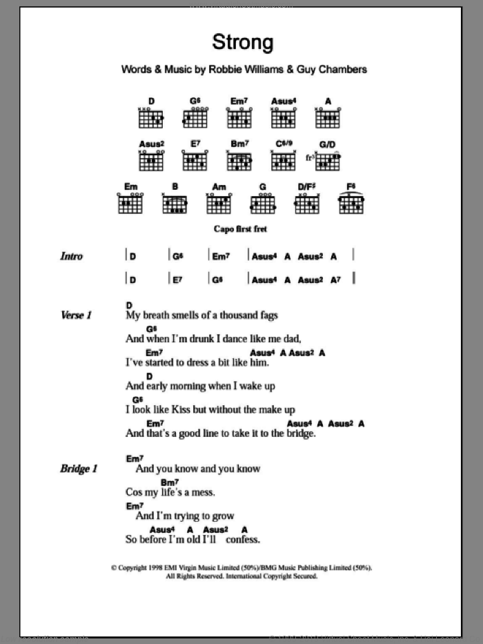 Strong sheet music for guitar (chords) by Robbie Williams and Guy Chambers, intermediate skill level