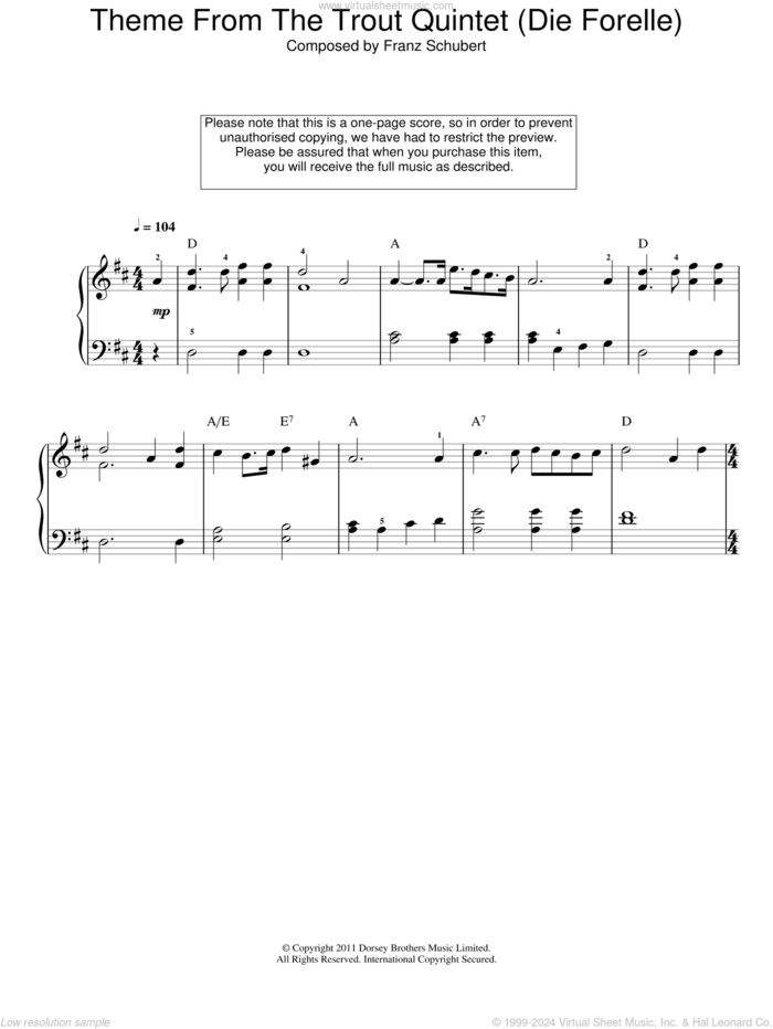 Theme From The Trout Quintet (Die Forelle) sheet music for piano solo by Franz Schubert, classical score, easy skill level