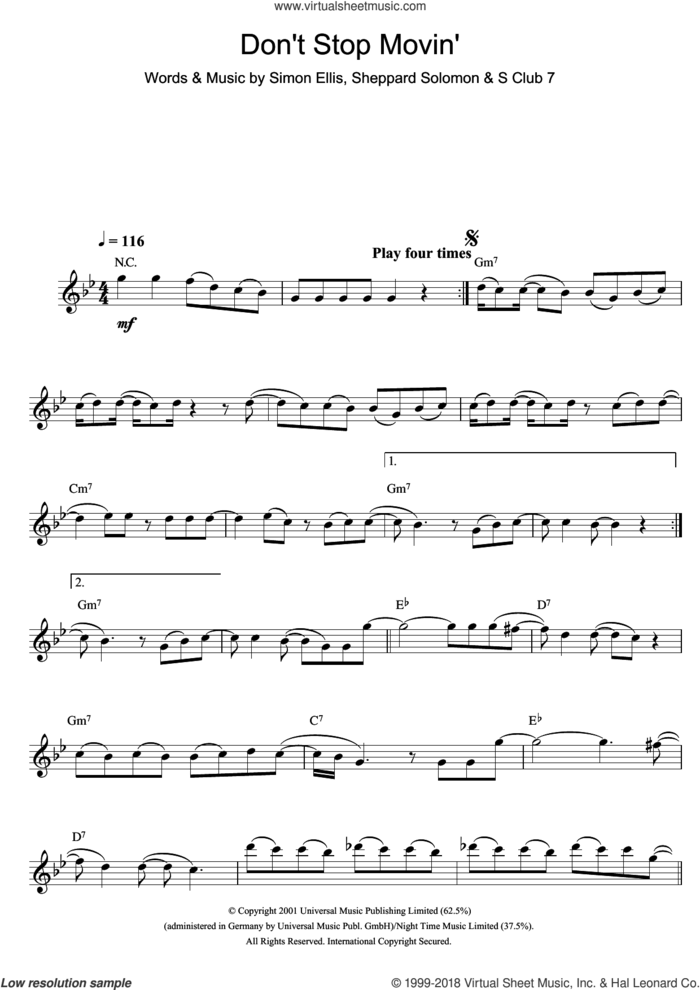 Don't Stop Movin' sheet music for flute solo by S Club 7, Sheppard Solomon and Simon Ellis, intermediate skill level