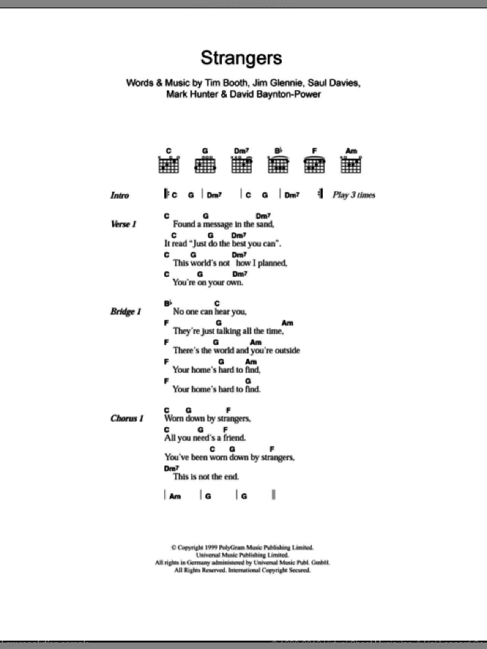 Strangers sheet music for guitar (chords) by Alex James, David Baynton-Power, Jim Glennie, Mark Hunter, Saul Davies and Tim Booth, intermediate skill level